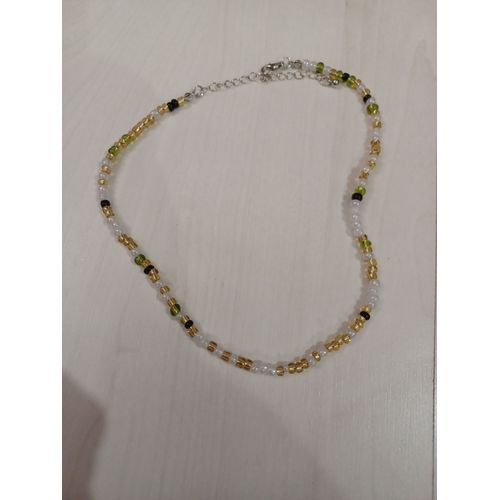 Collier De Perles Blanches,Vertes Et Dorées