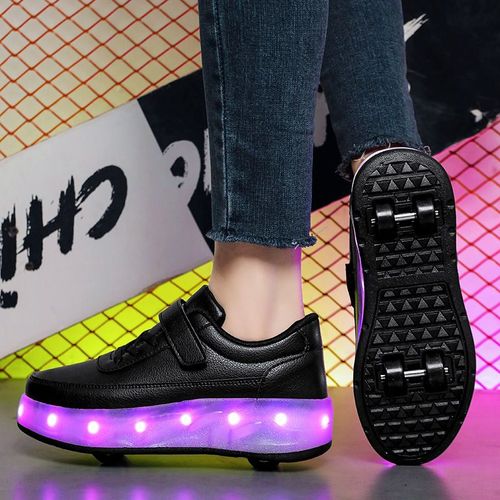 Chaussures De Roller À Roulettes Double Border Pour Débutants Hommes Femmes Enfants Étudiants Adolescents Chaussures À Roulettes Deux Usages Légères Couleur Noire 686 Avec Lampes Rechargeables Taille 27