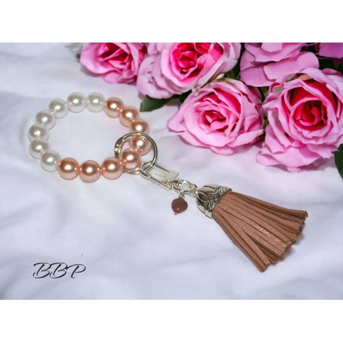 Porte Clef Femme Porte Clé Voiture Maison Porte Clé Pompon Bracelet Keychain Porte Clés Fille Perle Saumon Bracelet Extensible