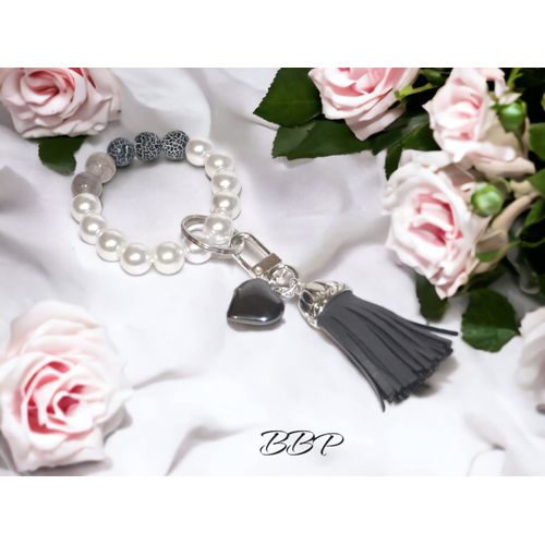 Porte Clef Femme Porte Clé Voiture Maison Porte Clé Pompon Bracelet Keychain Porte Clés Fille Perle Grise Bracelet Extensible