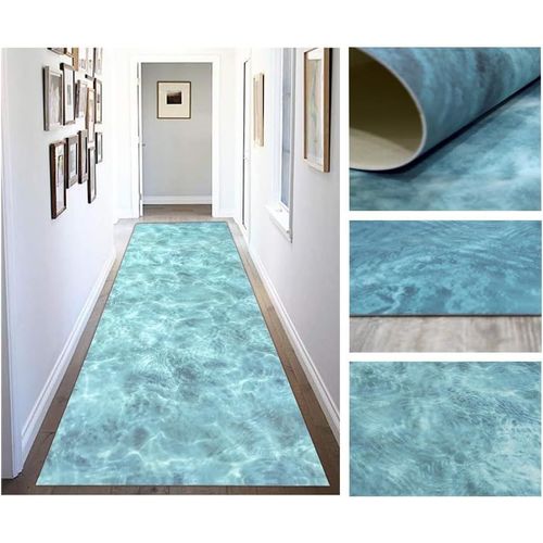 Tapis En Vinyle Pvc Au Design Numérique Bord De Mer Pour Salon, Cuisine, Salon, Entrée, Salle De Bain Ou Chambre Avec Envers Pvc Antidérapant Et Facile À Laver, Couleurs Bleu Turquoise