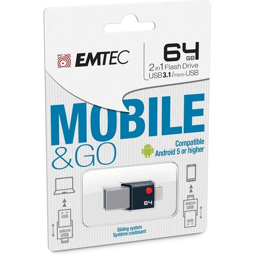 Emtec ECMMD8GT203 - Clé USB - 3.0 (3.1) - Série Dual - Collection MobileGo T200 - 64 Go - 2 en 1 : OTG Dual Double Connectique USB-A / Micro-USB.[G1059]