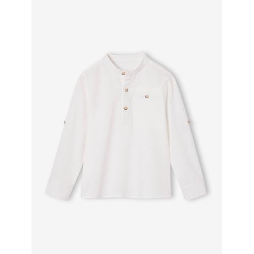 Chemise Col Mao En Coton/Lin Garçon Manches Retroussables Blanc