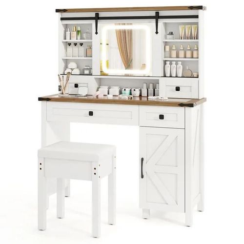 Costway Ensemble De Coiffeuse Et Tabouret, Miroir Coulissant, Led À 3 Couleurs, Luminosité Réglable, 4 Tiroirs, Armoire Latérale