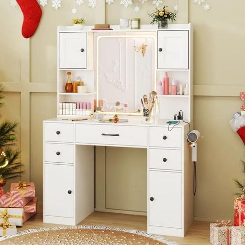 Costway Coiffeuse Avec Miroir Led À 3 Couleurs, Station De Charge, Luminosité Réglable, 5 Tiroirs, Armoire Avec Etagères Réglables