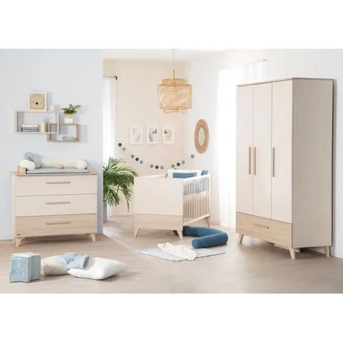 Roba Chambre Bébé Trio Sidney - Lit Évolutif 70x140 + Commode À Langer + Armoire - Beige - Décor Chêne
