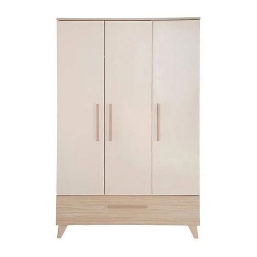 Armoire Enfant Sidney - 3 Portes + 1 Tiroir - Poignées Et Pieds En Bois Massif - Beige / Décor Chêne