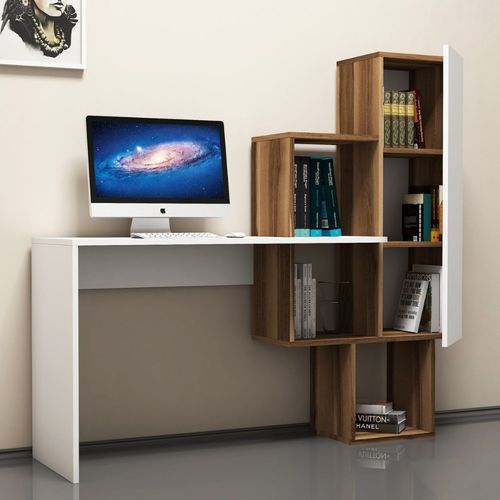 Turku - Bureau Fonctionnel 6 Rangements - Bois Et Blanc