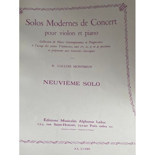 R. Montbrun - Neuvième Solo  Pour Violon Et Piano - Edition Leduc