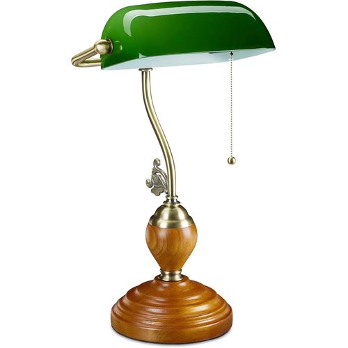 Lampe De Banquier Interrupteur À Tirette, Abat Jour Inclinable, Socle Bois, Design Retro, Douille E27, Bureau.[L789]