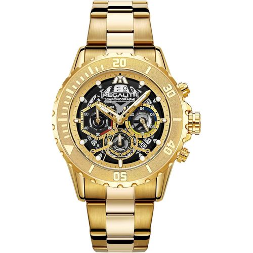 Lith Acier Montre Bracelet Homme Analogique Quartz Montre Calendrier Élégant Doré Chronographe Etanche Montre Homme Noir Cadran Grand Luxe Cadeau[X2740]