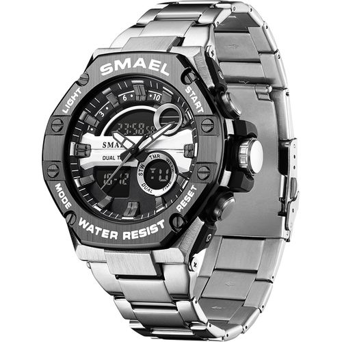 Montre Militaire Numérique Analogique Étanche En Acier Inoxydable Avec Alarme, Chronomètre, Calendrier Led[X3153]