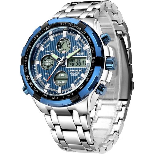 Montre Numérique Et Analogique Pour Homme Dorée En Acier Inoxydable Lourd Sport Multifonctions, Chronographe, Étanche, Fonction Date, Alarme[X1310]