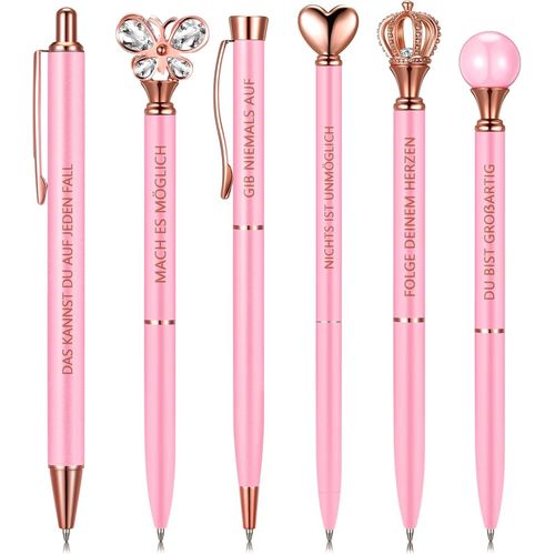 6 Stylo À Bille Rétractable Inspirant Femmes Avec Inscription Motivation Bâton De Stylo En Aluminium Métal Rose Avec Papillon En Cristal Diamant Décoration Boule Coeur Étoile Avec Sac À Cordon.[G1326]