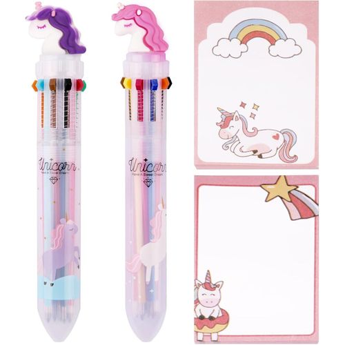 2pc Stylo Bille 2pc Bloc Note Stylo Rétractable 10 Couleur En 1 Fourniture Bureau Scolaire Papeterie Cadeau Pour Etudiant Enfant (Licorne).[G238]