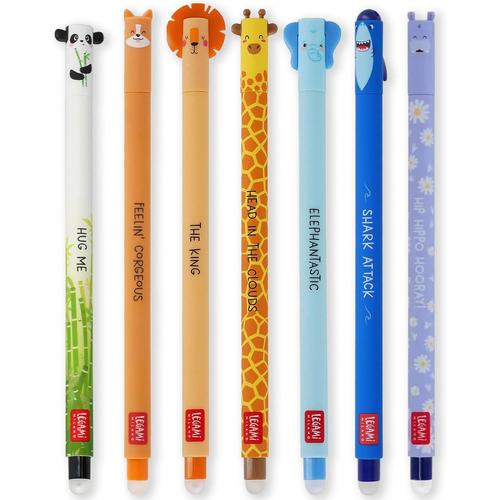 Lot De 7 Stylos Gel Effaçables Avec Encre Thermosensible, Gamme De Couleurs D'encre Et Motifs De Baril, Pointe De 0,7 Mm, Motifs Panda, Corgi, Lion, Girafe, Éléphant, Requin, Hippopotame.[G38]