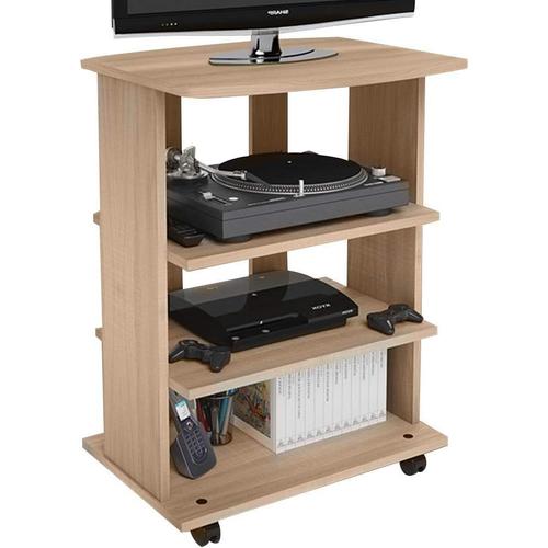 Meuble Tv En Bois Mdf Avec 3 Étagères, Porte Console De Jeux Dvd Et 4 Roues, Meuble Panier Pour Télévision, Design Moderne, Dimensions 60 X 45 X 80,5 Cm (Chêne)