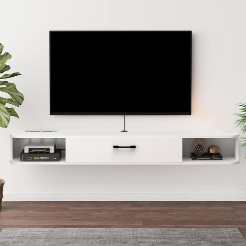 Meuble Tv Flottant À Fixation Murale, Étagères Flottantes Avec Tiroir, Console Multimédia Moderne, Grand Banc De Rangement Pour Le Salon Et Le Bureau (120 Cm, Blanc)