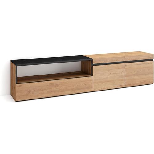 Meuble Tv | Banc Télé | Grand Espace De Rangement | 200x45x35cm | Pour Les Tv Jusqu'à 80" | Meubles De Salon | Style Moderne | Chêne Et Noir