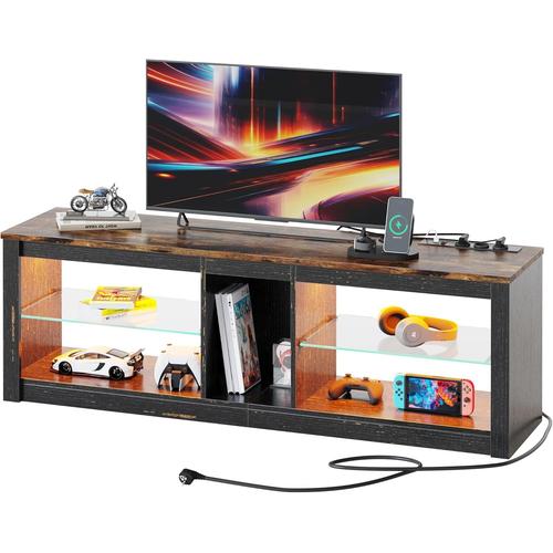 Meuble Tv Avec Prises De Courant 140 Cm Moderne Avec Étagère En Verre Éclairage Led Rvb Pour Téléviseurs 65" Unité De Divertissement Tv Avec Led Lumières Pour Salon Chambre À Coucher