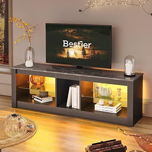 Meuble Tv 140 Cm Meuble Tv Moderne Avec Étagère En Verre Éclairage Led Rvb Pour Téléviseurs 65" Unité De Divertissement Tv Avec Lumières D'ambiance Pour Salon Chambre