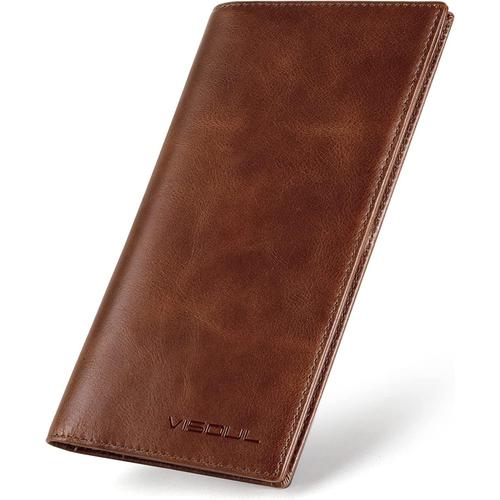 Portefeuille Homme En Cuir Véritable,Portefeuille Long À Deux Volets En Cuir Avec Blocage Rfid,Porte Chéquier Avec 3 Compartiment À Billets Et 12 Emplacements Pour Cartes (Marron)