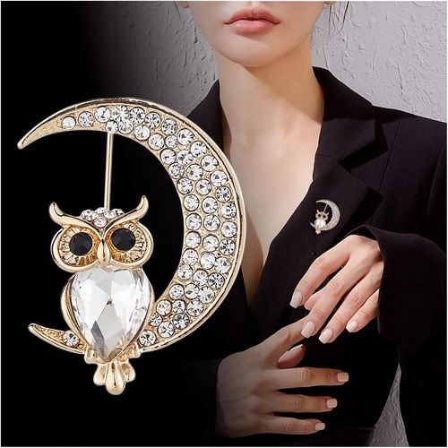 Cristal Lune Hibou Broche Strass Croissant Broche Épinglettes Pour Femmes Hommes (Blanc)[L396]