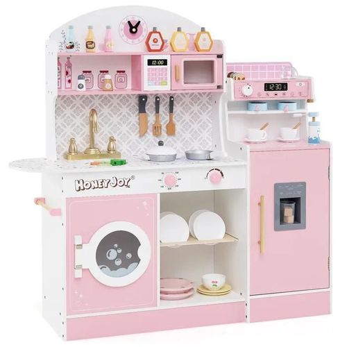 Costway Cuisine Enfants 3 Ans+ 26 Accessoires Xxl 106 X 30 X 105 Cm (L X L X H) Avec Machine À Laver, Fabricants De Glace, Rose