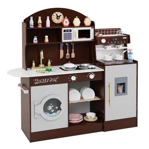 Costway Cuisine Enfants 3 Ans+ 26 Accessoires Xxl 106 X 30 X 105 Cm (L X L X H) Avec Machine À Laver, Fabricants De Glace, Brun