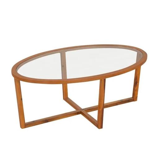 Costway Table Basse Ovale En Verre Trempé, Pieds En Bois D'hévéa, Base Croisée, Table Moderne 118cm, Pour Salon Maison Bureau, Brun