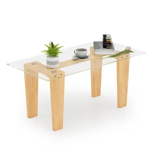 Costway Table Basse Rectangulaire En Verre Trempé, Pieds En Bois D'hévéa, Table Moderne 100x50x45cm, Salon Maison Bureau, Naturel