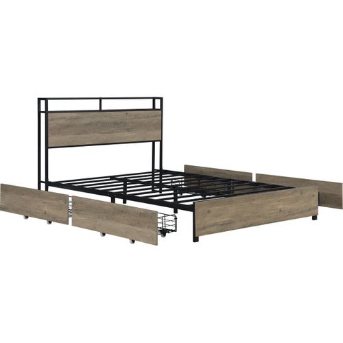 Lit Double Led En Métal Avec Prise Et Tiroirs "Léa" - 140 X 190 Cm - Marron