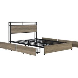 Lit Double Led En Métal Avec Prise Et Tiroirs "Léa" - 140 X 190 Cm - Marron