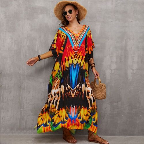 Vêtement De Plage Européen Et Américain Nouvelle Collection 2022 En Coton Avec Impression Positionnelle Et Style V À Col Long Type Kaftan Pour Vacances Couleur Dn0920 Plume Couleur Taille Unique