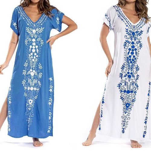 Vêtement De Plage Longue Pour Vacances En Coton Brodé Style Européen Et Américain Protection Solaire Pour La Plage Couleur Blanche Avec Ligne Bleue Taille Unique