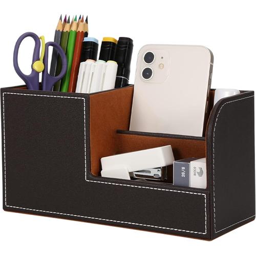 Organisateur De Bureau, Rangement De Bureau En Cuir Pot À Crayons Porte-Stylo Peu Encombrant, 3 Compartiments De Stylos, Agrafeuses, Dossiers, Notes Autocollantes, Téléphones(Gris [ORG220033]