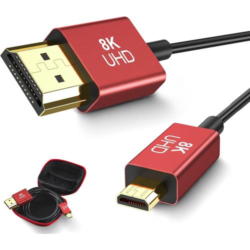 Câble Micro HDMI vers HDMI 8K, Ultra Thin Micro HDMI Cable, 8K@60Hz, 4K@120Hz, 48Gbps, 3D Flexible Hyper Slim HDMI 2.1 Câble Compatible pour Hero 7 6 5, Gimbal, Camera, Stabilizer, ¿2.4mm, 2FT/0.6M