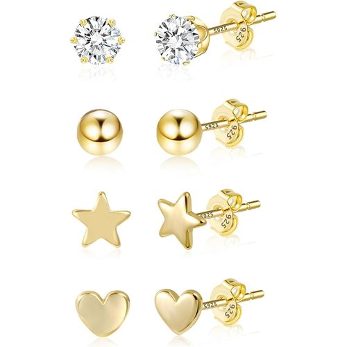 Lot De Boucles D'oreilles En Or Pour Femme - En Argent Sterling 925 Plaqué Or 14 Carats - Avec Zircone Cubique - Multipack - Boucles D'oreilles Pour Piercing Médical - Petite Boule - C?Ur Et[X184]