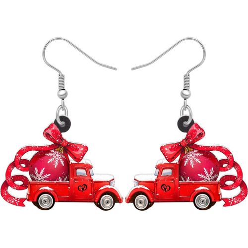 Acrylique Camion Rouge Chargement Avec Arbre De Noël Cadeaux Pour Femme Filles Nouveauté Voiture Pendantes Bijoux Noël Party Charms[X2328]
