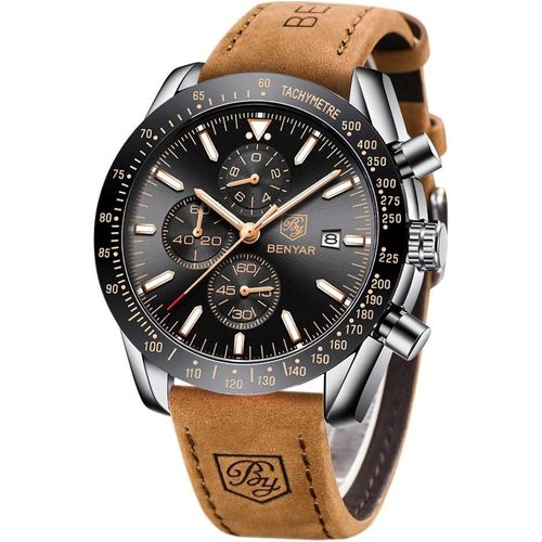 Benyar¿ Montre Bracelet Élégante Pour Homme, Bracelet En Cuir Véritable, Mouvement À Quartz, Montre Chronographe Analogique, Meilleur Cadeau Pour Homme[Q1660]
