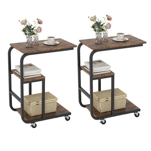 Costway Lot De 2 Tables D¿Appoint Roulantes Industrielle En Forme De `C¿, Etagères Ouvertes, Cadre En Métal, Roulettes Verrouillable
