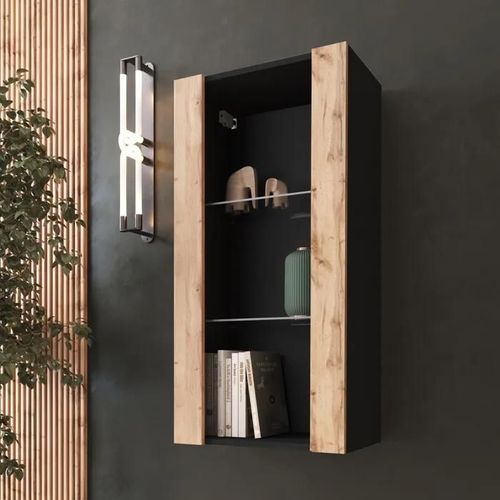 Vitrine Murale Komodee Tivoli - Sans Led - Bois Naturel Et Noir - Facades En Mat - 50 X 100 X 29 Cm