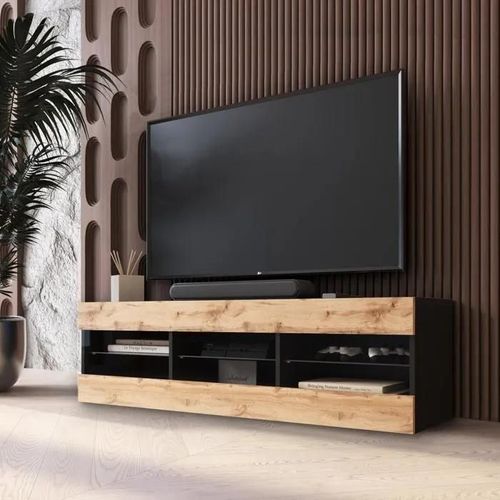 Meuble Tv Tivoli Rtv Komodee - Sans Led - Bois Naturel Et Noir - Facades En Mat - 140 X 41 X 35 Cm