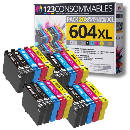 123CONSOMMABLES - 604XL - Pack 20 Cartouches Encre Compatible avec Epson 604 XL pour Epson XP 2200 XP-3200 XP-4200, Workforce WF-2910 WF-2930 WF-2935 WF-2950 (8 Noir / 4 Cyan / 4 Magenta / 4 Jaune)