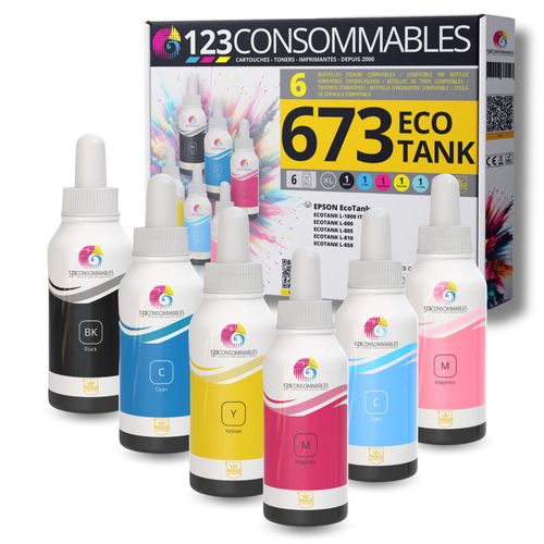 123CONSOMMABLES - Pack compatible avec EPSON 673 ECOTANK, 6 bouteilles d'encre