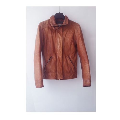 Blouson Cuir Kaporal Agneau Pleine Fleur Veste Cognac Jacket Camel Taille M Medium Mixte Homme /Femme Elegant Vetement Toute Saison Coupe Droite Col Fermeture Zip Et Pression 2 Poches Zippé Poche Int
