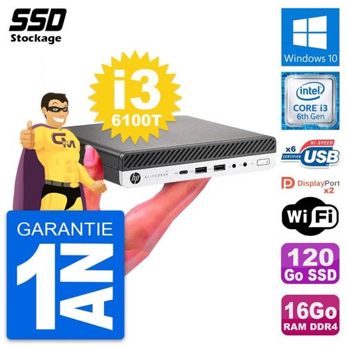 Ultra Mini PC HP 800 G3 DM Intel i3-6100T RAM 16Go SSD 120Go Windows 10 Wifi