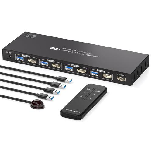 Kvm Switch 4 Pc 1 Monitor Hdmi 4K60Hz Emulation Edid Commutateur Kvm 4 Port 4 In 1 Out Pour 4 Ordinateurs Partageant 1 Moniteur Et 4 Périphériques Usb3.0 Avec Télécommande Ir Et Al[PCZ230040]