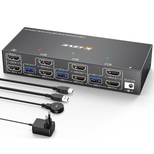 Switch Kvm Usb 3.0 Hdmi 2 Moniteurs 3 Ordinateurs, Commutateur Kvm 4K@60Hz Edid Hdmi 2.0, Dual Monitor Kvm Switch 3 Pc Hdmi Partage Clavier, Souris, Avec Télécommande Filaire Et 5 [PCZ230142]