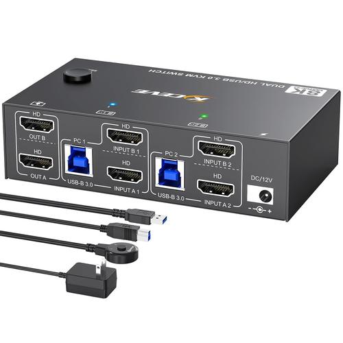 Commutateur Kvm Hdmi 8K 2 Pc 2 Moniteurs 8K @ 60Hz 4K @ 144Hz, Usb 3.0 Dual Monitor Commutateur Kvm Avec 4 Ports Usb 3.0 Pour Imprimante Clavier, Souris, Avec Contrôleur De Bureau,[PCZ230019]